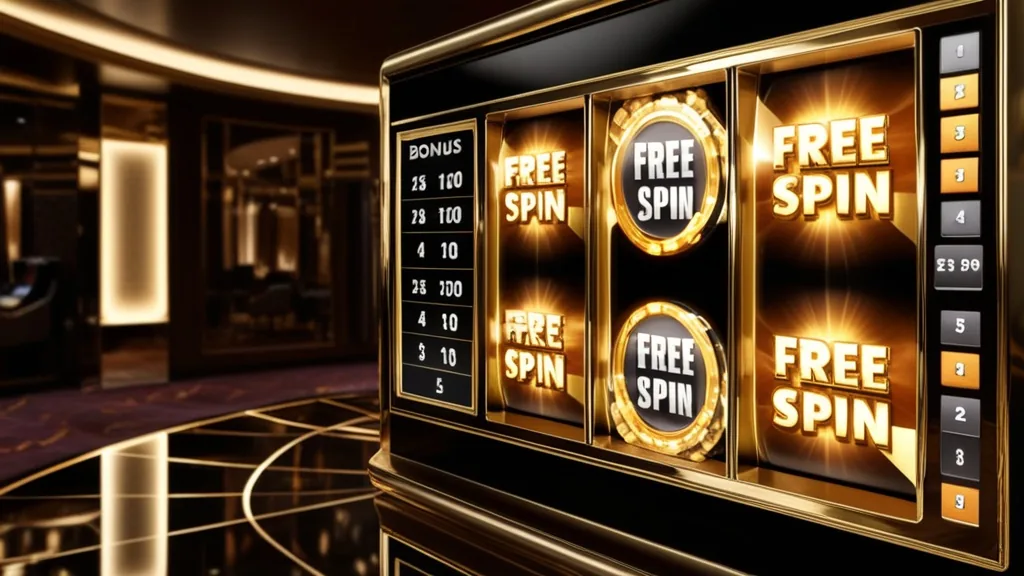 Freispiele an einem Slot mit Bonusanzeige in dunkler Casino-Halle