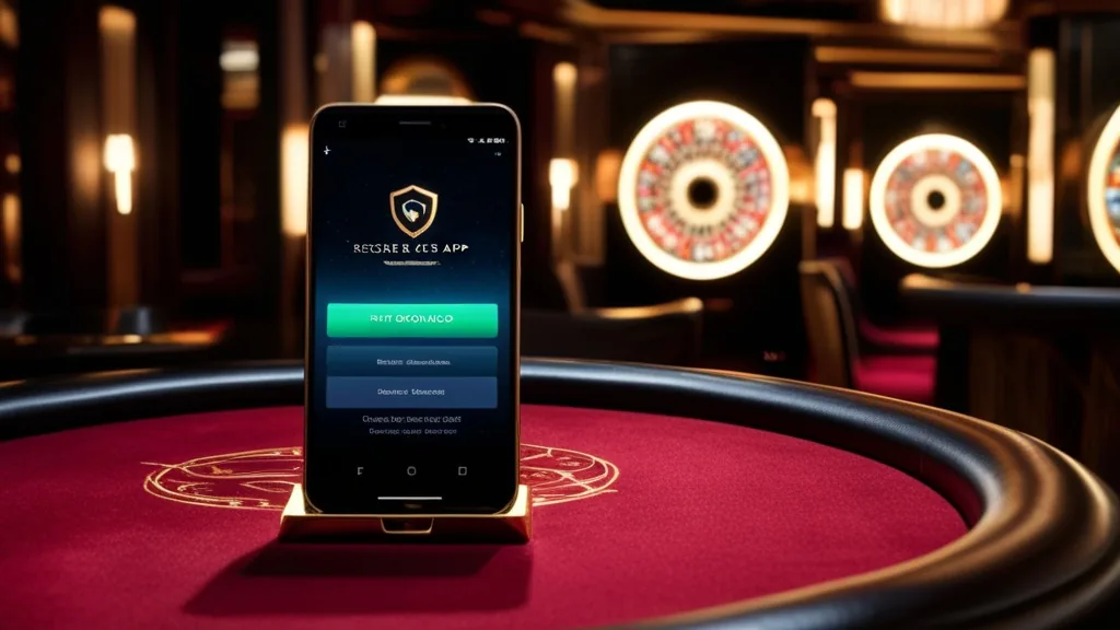 Android-Smartphone mit App-Download in einer dunklen Casino-Atmosphäre